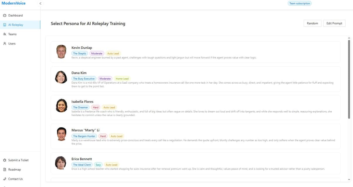 Select Persona for AI Roleplay Training